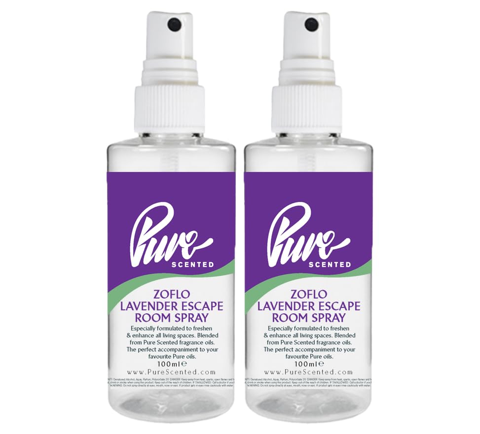 "Pure Scented 200ml Room & Fabric Sprays 2 x 100ml Suitable For Home, Car, Caravan, Work, Gym Bags, Odour Eliminators (2 x 100ml, Zoflo Lavender Escape)"