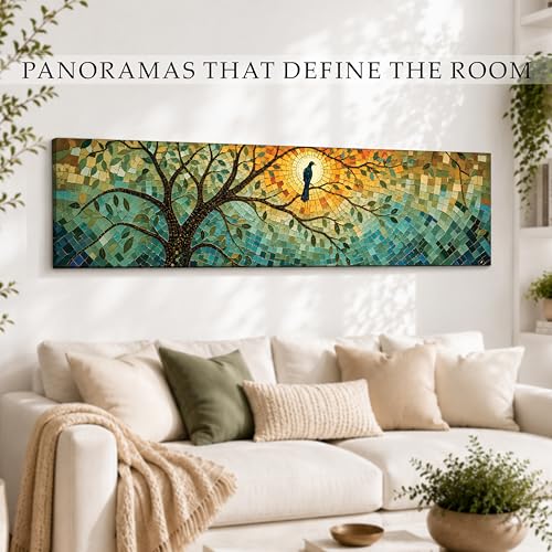 Image of Abstract Botanical Tree Stretched Canvas Wall Art Painting for Living Room, Stained Glass Style Mosaic Nature Canvas Wall Decor For Livingroom, Bedroom, Office, Hallway's, Hotel 12x46 Inch