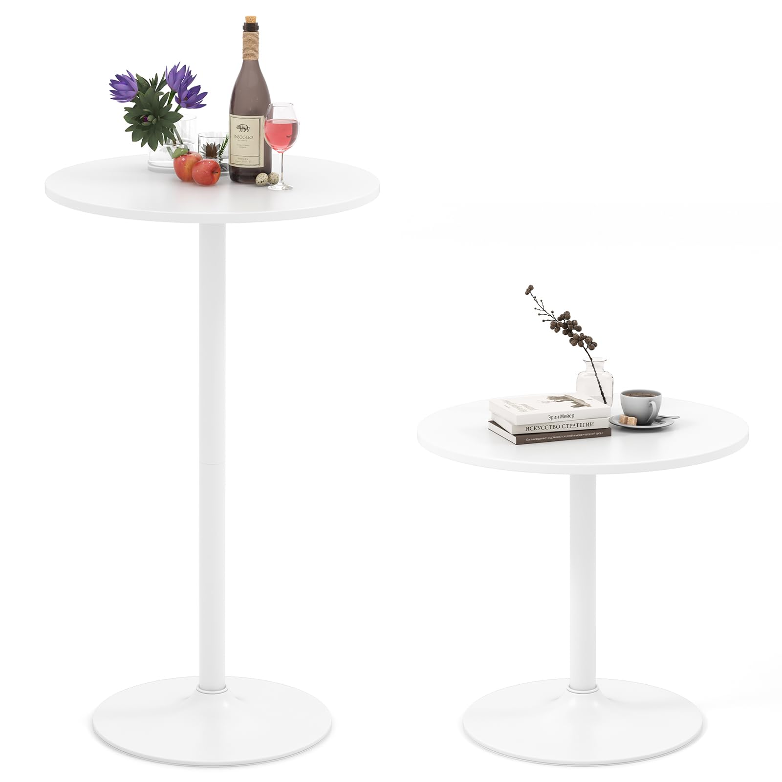 FANTASK Runder Bartisch Ø 60 cm, Stehtisch Höhenverstellbar 56/101,5 cm, Cocktailtisch mit Stahlrahmen, Bistrotisch für Balkon, Club, Pub, Zuhause (1, Weiß)