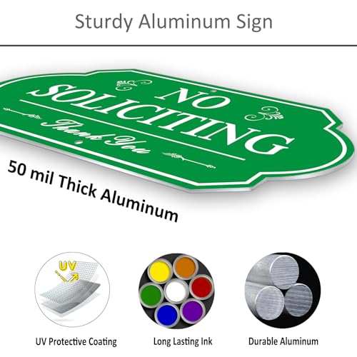 Image of Heavy Duty No Soliciting Sign for House - All Metal Construction No Soliciting Yard Sign - 14 inch x 7 inch - Aluminum - with 28 inch Long Stake (Green)
