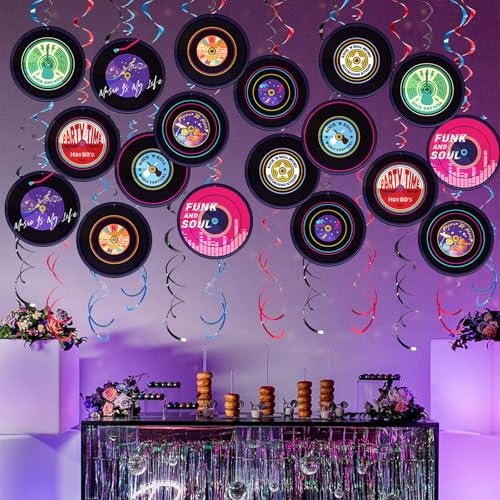 Image of Rock and Roll Record Party Hanging Swirls, 48 Pcs, Music Theme Disco Party Decorations, Vinyl Record Design for 90s Or 50s Style Rock Music Dj Party Supplies, Black and Multicolor