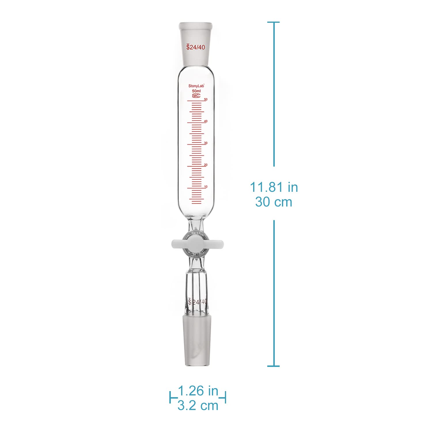 stonylab Entonnoir d'addition, Entonnoir à Gouttes Gradué en Verre Borosilicate 24/40 avec Robinet en PTFE pour Laboratoire Entonnoir Supplémentaire, 50 ml