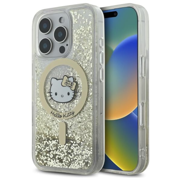 CG MOBILE Hello Kitty HKHMP16LLGDIH Coque de protection pour iPhone 16 Pro 6,3" Motif plume pailletée liquide Blanc/doré
