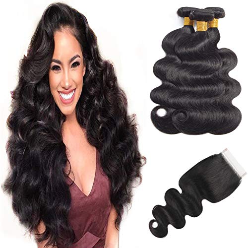 ALI RAIN Human Hair Bundles Body Wave Virgin Brazilian Hair Bundles with Closure Weave Hair Human Bundles With Closure 3 Bundles with Closure Natural Color (10 12 14 + 8, Free Part)
