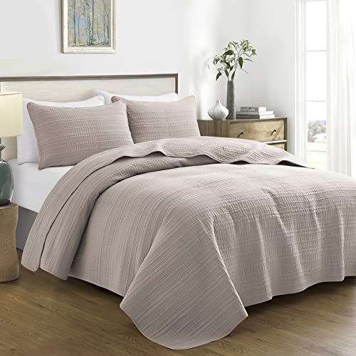 Moonline Quilt Set King Size Beige 3 Piece,Lightweight Soft Microfibre Modern Stripe Pattern Reversible Quilted Bedspread&Coverlet Set For All Season (Includes 1 Quilt And 2 Pillow Shams) #TOP1
