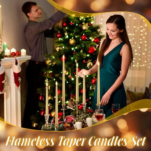 Image of Rossesay 64 Pcs Wedding Flameless LED Taper Candles Battery Operated Candles 4 Sizes of 8.5'', 9.65'', 10.83'', 12.8'' Candlesticks Flickering for Halloween Christmas Church Wedding(Gold)