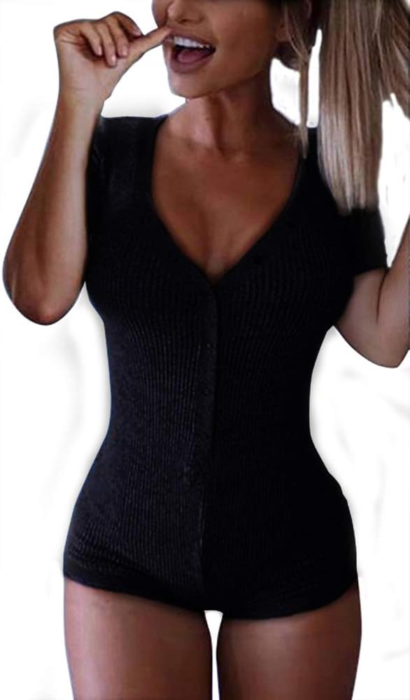 Roselux Women's Sexy Deep V Neck Shorts Short Sleeve Knitted One Piece Bodysuit Sexy Pajama Onesie Bodycon Rompers Overall - Image 2