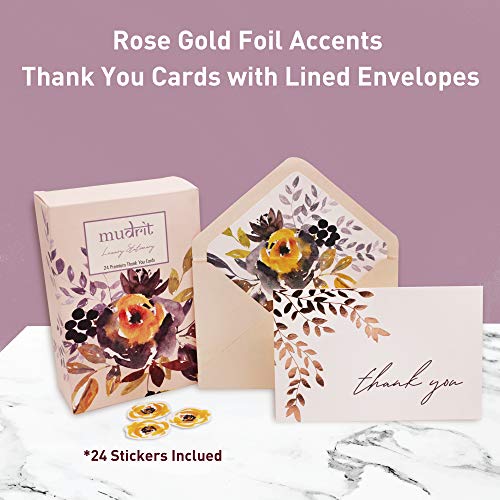 Image of mudrit 20 Blank Gold Foil Thank You Cards with Liner Envelopes & Floral Stickers for Weddings, Bridal Shower, Engagement, Baby Shower, Business