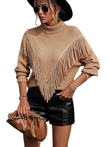 Image of yoeasy Women's Fringe Trim Turtleneck Long Seeve Sweater Knit Loose Pullover Sweater