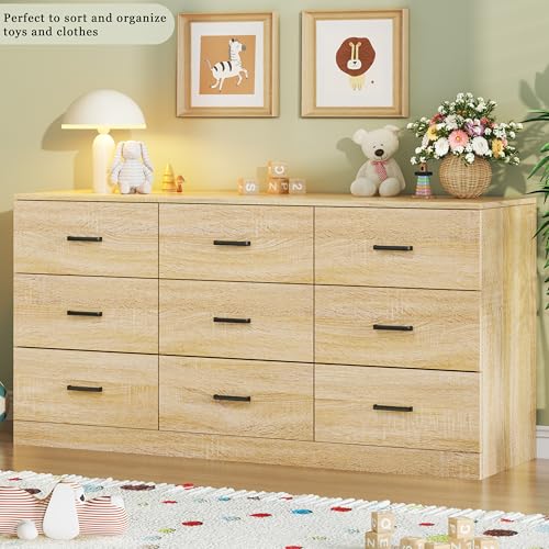 Image of 9 Drawer Dresser for Bedroom, 60'' Long Mid Century Modern Dressers TV Stand, Wood Vintage Chests of Drawers, Large Storage Organizer for Bedroom, Closet, Entryway, Natural Oak
