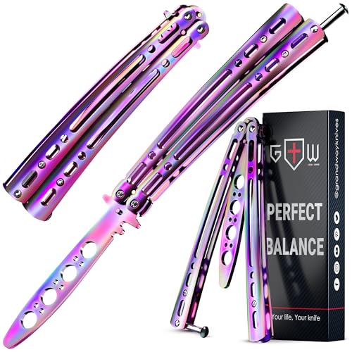 Butterfly Knife - Balisong Trainer - Multicolor Practice Butterfly Trainer with Sure Spring Latch - Balisong Knives NOT Real NOT Sharp Blade - Full Stainless Steel Fake Dull Trick CSGO K15 R