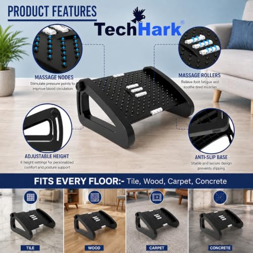 Image of TechHark Adjustable Footrest with Massage Surface, Ergonomic Design for Office and Home Under Desk Foot Rest, Height Adjustable, Black(6-Month Warranty)