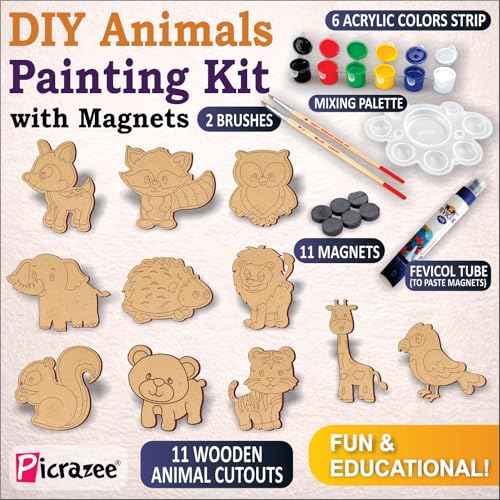 Image of PICRAZEE DIY Art & Craft Kit 11 Animal Cutouts for Fridge Magnets in Pine MDF | Acrylic Colors, Brushes, Palette & Magnets | Ideal for All Kinds of Painting & Kids DIY Projects (M6), Multicolor