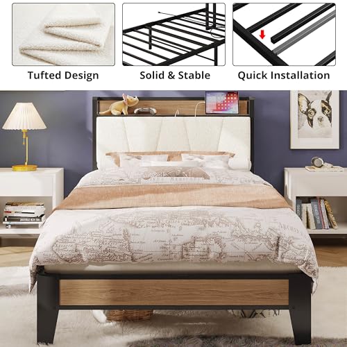 LIKIMIO Twin Bed Frames, Storage Headboard with Charging Station, Solid and Stable, Noise Free, No Box Spring Needed, Easy Assembly, Wood and Cream