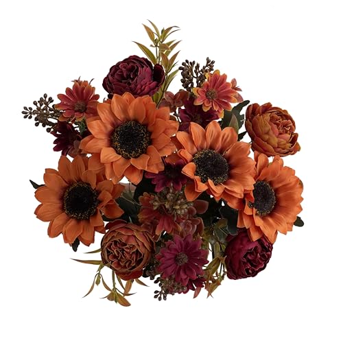 karoro 2 Pcs Artificial Sunflower Flower Arrangement Silk Fake Sunflowers for Home Office Wedding Fall Floral Arrangements Halloween Thanksgiving Harvest Festival Decoration (2 Russet)