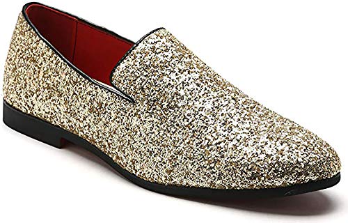 LRRH Men's Slip On Loafer Shoes Metallic Sequins Nightclub Shoes Textured Glitter Punk Style Luxury Wedding Shoes Oxford Shoes (6 M US, Gold)