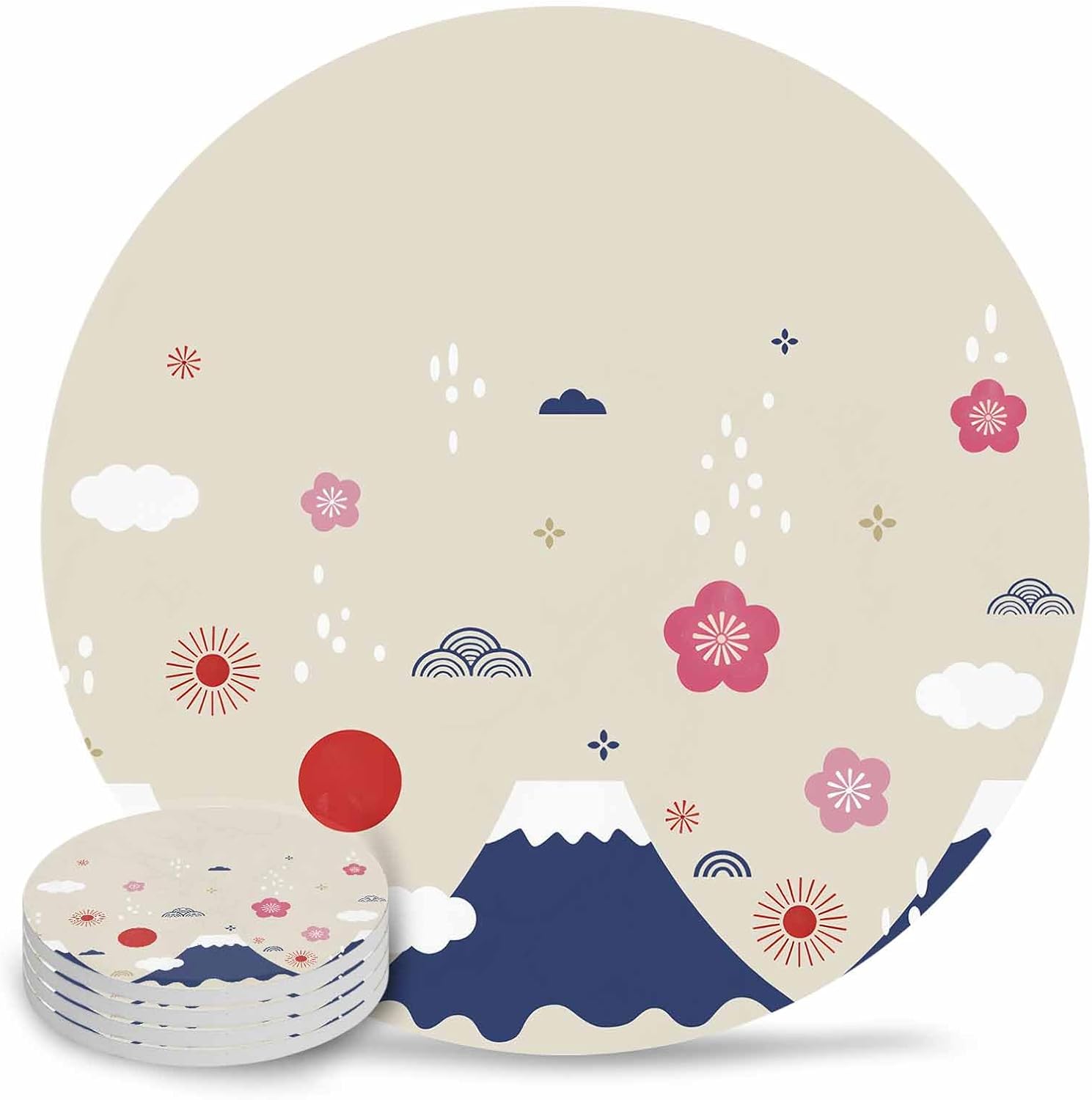 陶製コースター 円形 和風 富士山 桜 花 波紋 ベージュバック 吸水 4枚セット 直径10.3cm&times;厚さ0.6cm 速乾 杯垫 滑