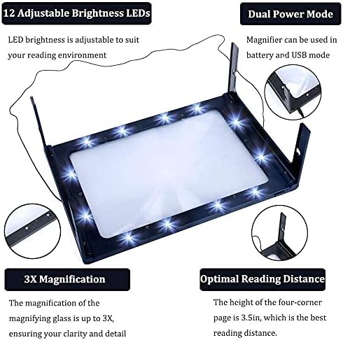 Magnifying Glass A4 Full Page Magnifier, 3X Reading Aid Lens with 12 Anti-Glare Dimmable LEDs Foldable Stand Hands Free Reading Magnifier Ideal for Reading Small Prints, Book, Low Vision Seniors