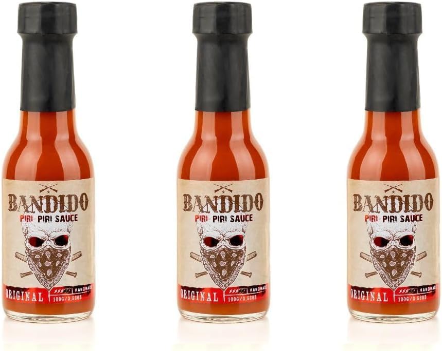 Salsa Picante Piri Piri Bandido - Pack de 3 Frascos de 100 ml - Salsa Picante y Muy Versátil - A Base de Pimientos Piri-Piri, Especias y Aroma de Limón - Producto Gourmet de Origen Portugués