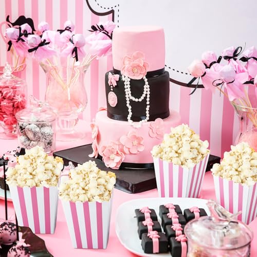 Image of Geyoga 48 Pcs Popcorn Boxes Bulk,Pink and White Striped,4 x 3 Inches | Mini Pink Popcorn Buckets, Candy Containers, for Pink Carnival Theme Party, Movie Nights, Circus Events, Birthday Decorations