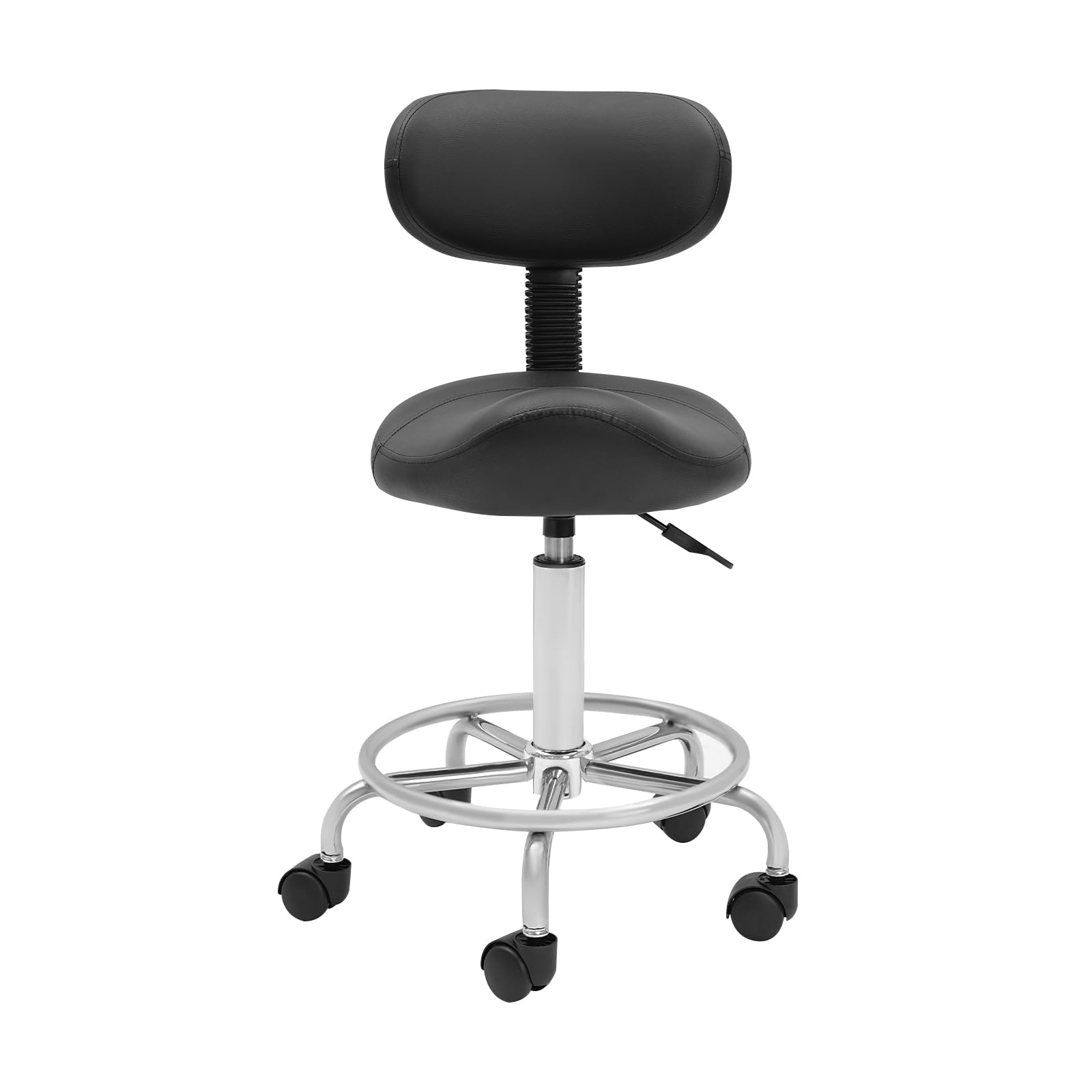 Taburete con ruedas con soporte para la espalda, altura ajustable, taburete giratorio con ruedas, perfecto como silla de oficina, silla de escritorio, hasta 150 kg, silla de juegos, taburete