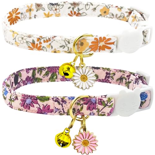 2 Pack Cotton Breakaway Cat Collars Set with Bell and Flower Pendant, Cute Floral Fruit Patterned, Adjustable 7.5-11Inch, Include A Mouse Toy Gift
