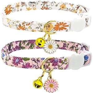 2 Pack Cotton Breakaway Cat Collars Set with Bell and Flower Pendant, Cute Floral Fruit Patterned, Adjustable 7.5-11Inch, Include A Mouse Toy Gift