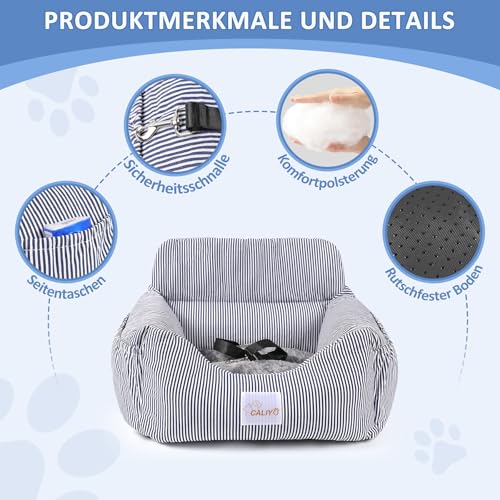 CALIYO Hundeautositz mit Stabiler Basis & Sicherheitsgurt | Hundesitz Auto für Kleine bis 10 kg | Memory Foam-Sitzauflage | Wasserdichter, Abwaschbarer Hundekorb mit Aufbewahrungstasche (Blau/Weiß)