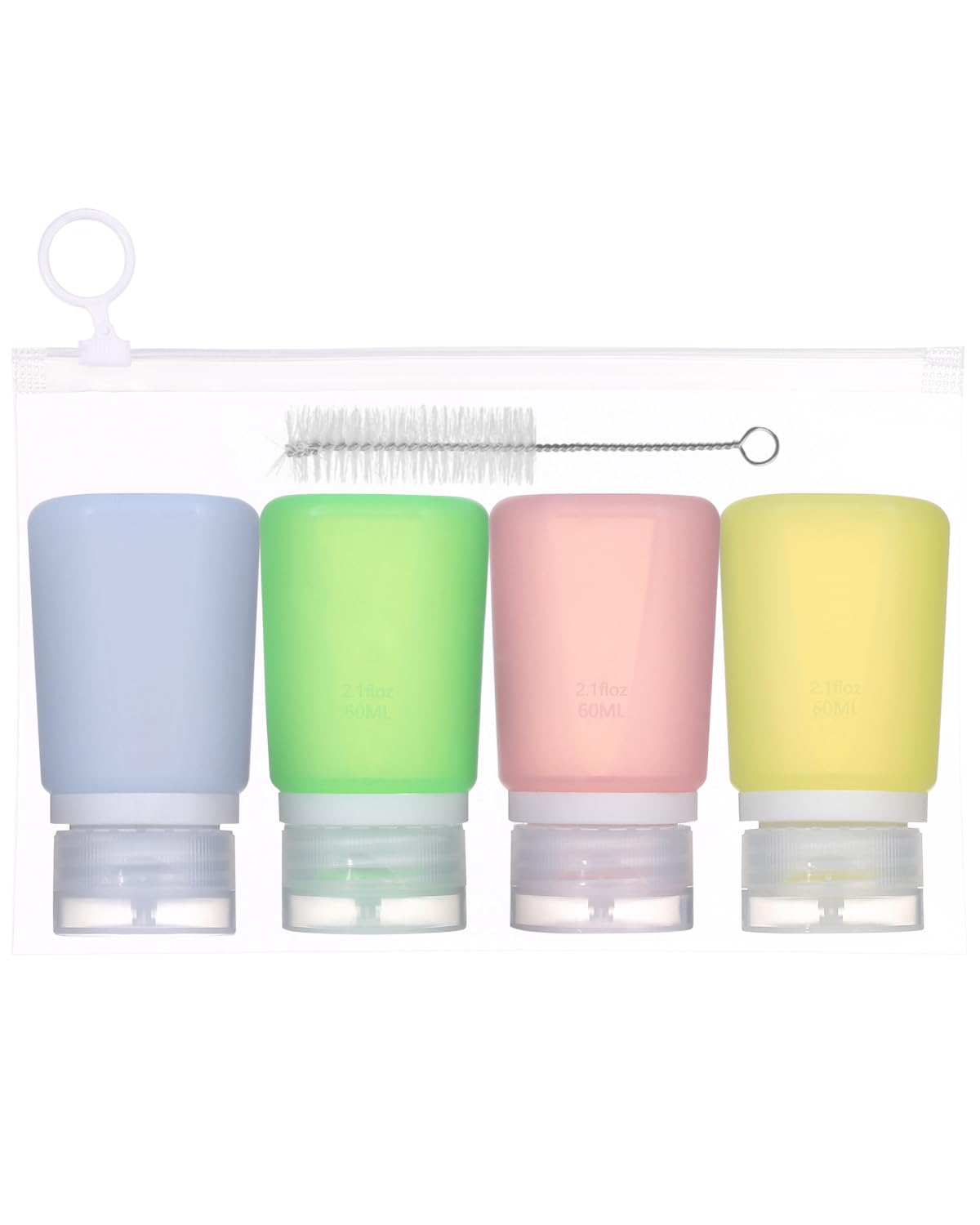 Liobelon 4 Pieces Condiment Squeeze Bottles for Sauces, 2 Oz Silicone Condiment Containers with Lids Leakproof Salad Dressing Container with Reusable Sandwich Bag, Brush (blue green pink yellow)