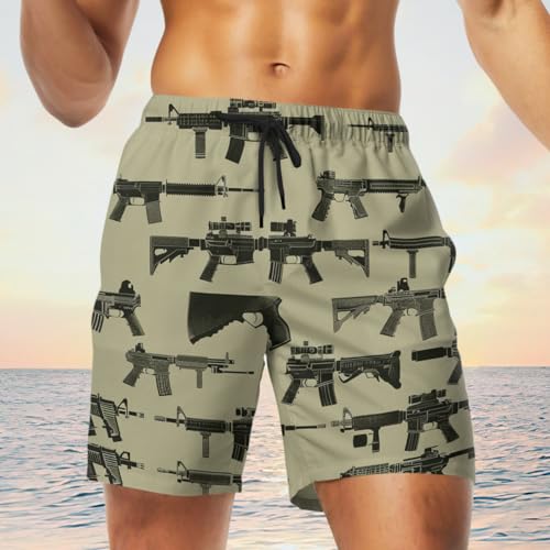 Military Gun Mens Swim Trunks - Gun Weapon Hawaiian Mens Swim Short Beach Shorts TU-SH-523