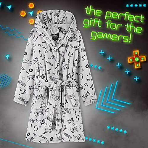 CityComfort Jungen Bademantel, Kinder Morgenmantel Flauschig für Gamers, Fleece Kinderbademantel mit Kapuze und Seitentasche, Weich Bademantel Kinder (Grau, 11-12 Jahre)