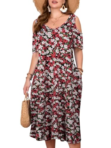 LARACE Damen-Kleid in Übergröße für den Sommer, Midi-Damen-Sommerkleid, lässiger V-Ausschnitt, kurzärmelig, fließendes T-Shirt-Kleid mit...