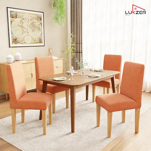 Image of Lukzer Elastic Dining Chair Cover - 2PC Pastel Orange Grid Maze | Textured High Stretch Jacquard Seat Cover | Removable Washable Short Dining Chair Cover Protector Seat Slipcover | (CC-106-2)