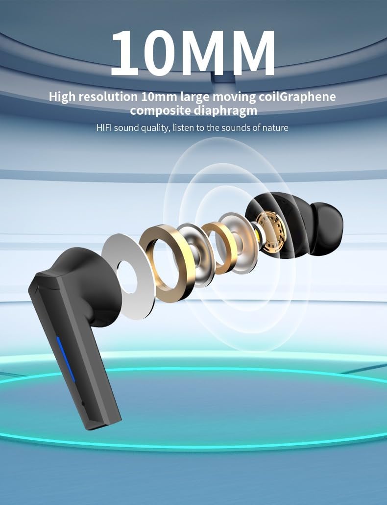 Gbawara view of TWS F1 earbud showing 10mm Graphene composite diaphragm