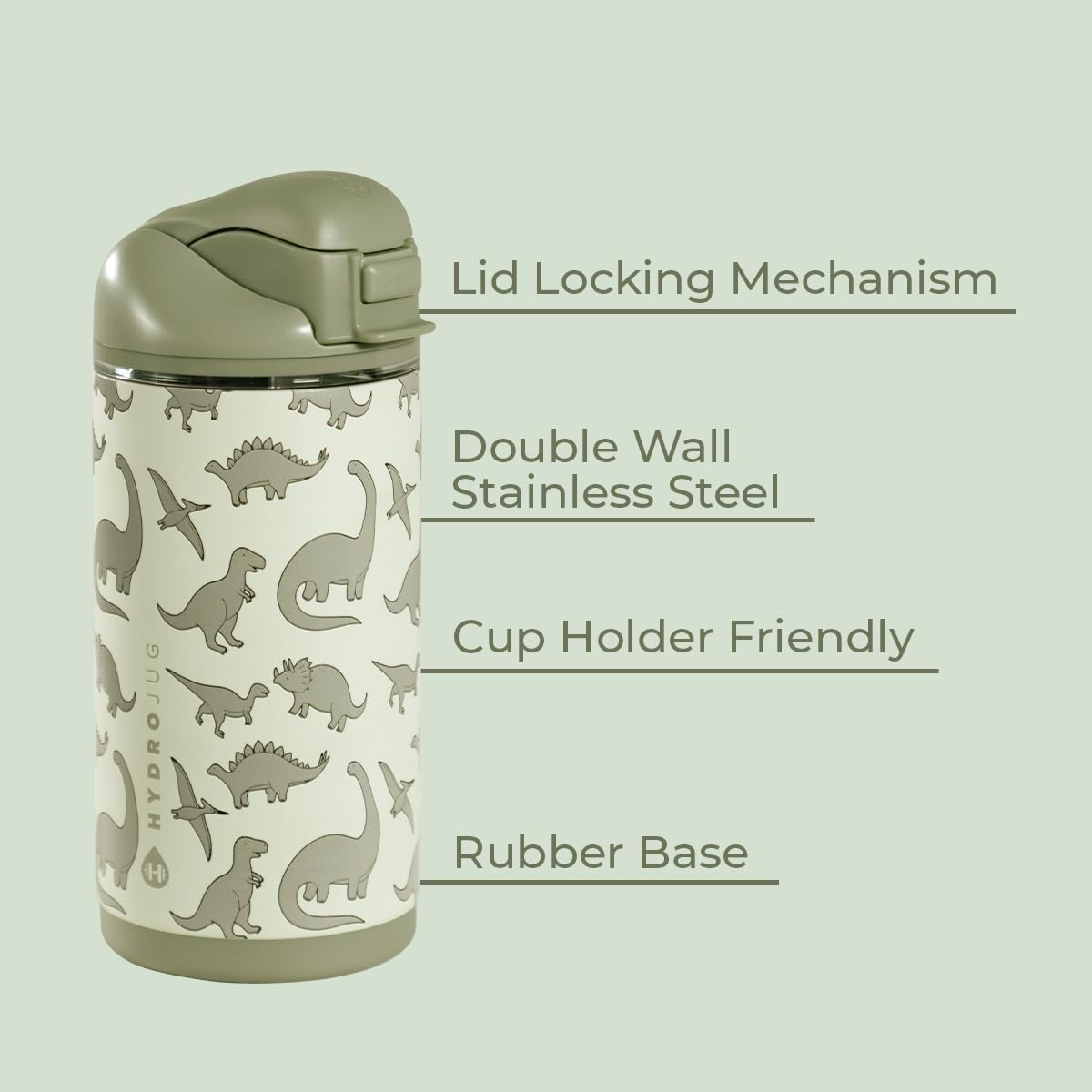 HydroJug Ease2o 14oz Kids Insulated Stainless Steel Water Bottle, Dual Straw & Chug Lid, Leak-Resistant Locking Lid, Vented Cap, Cup Holder Friendly, BPA-Free – Dinosaur