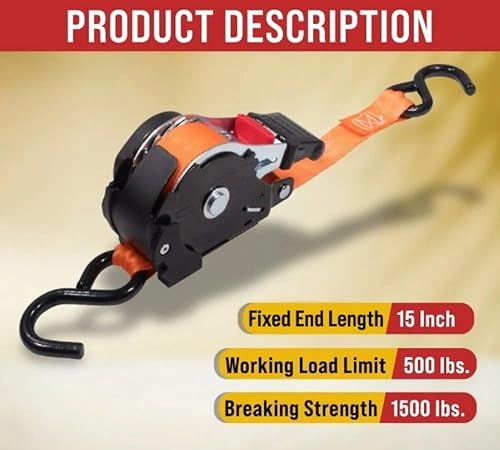 Miniatura 2 de Mytee Products - Correas de trinquete retráctiles de 1 x 12 pulgadas con gancho en S revestido, para motocicletas, cuatrimotos o bicicletas Amarre