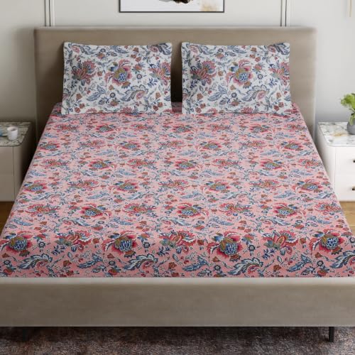 Image of Home Ecstasy 100% Cotton Jaipuri Bedsheet for King Bed, 140TC, 1 Bedsheet (Size 90 x 108 inches) with 2 Pillow Covers, Pink