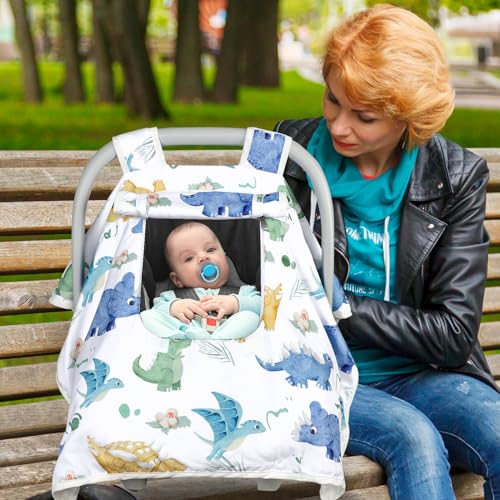 Image of Baby Carseat Seat Cover Boys, Winter Carseat Canopy, Cozy & Warm Cover with Zipper Peep Windows, Infant Minky Carrier Cover, Soft Breathable, Baby Must Have, White Dinosaur