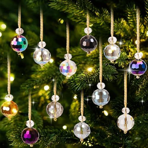 FOGAWA 12PCS Christmas Tree Crystal Ball Ornaments 20MM Glass Baubles Christmas Decorations Rainbow Prism Balls Suncatcher for Xmas Party Outdoor Indoor Wedding Party Home Decor