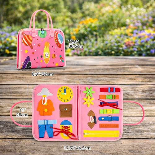Image of Wishkey Busy Board Activity Binder for Toddlers 1-4 Years Montessori Sensory Busy Book with 19 Motor Skill Activities Soft Felt Educational Learning Toy Travel Toy & Birthday Gift for Kids Pink