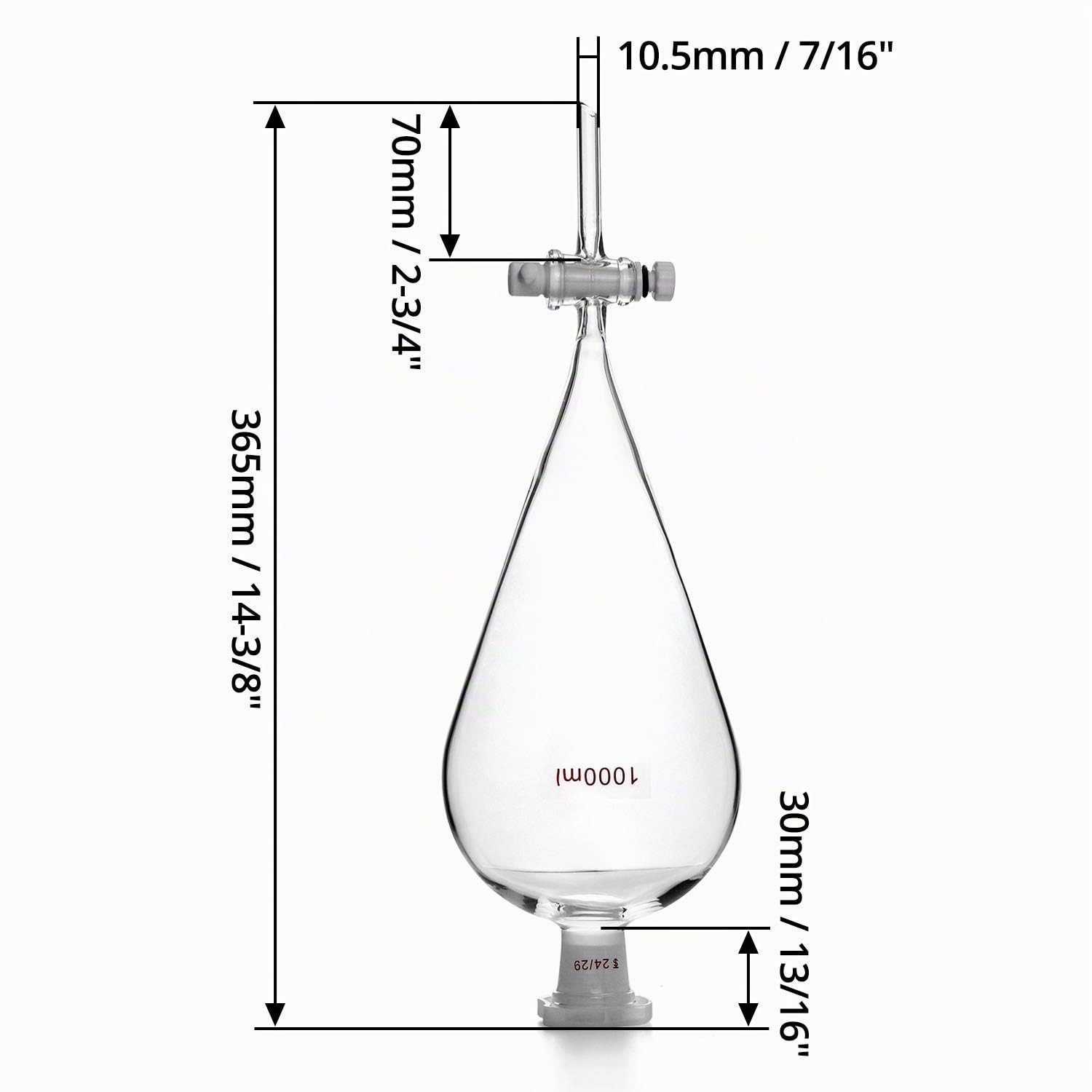 QWORK® Embudo separador de Cónico de Vidrio de Borosilicato con juntas 24/29 y Tapón PTFE, Separatory Funnel Embudo de Laboratorio - 1000ml