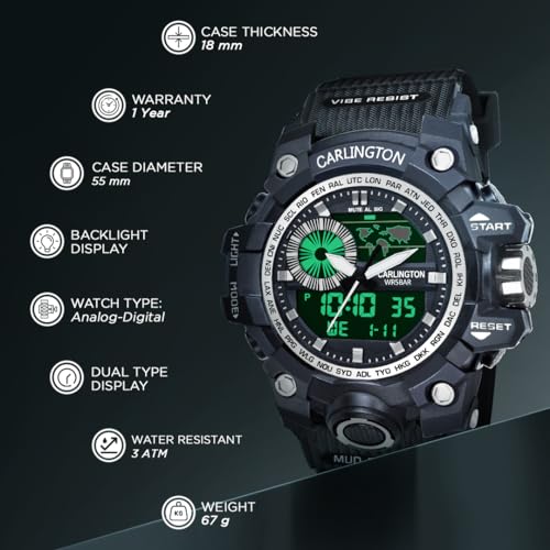 Image of Carlington Analog-Digital Sports Watch: Chronograph, Dual Time, Alarm, Stopwatch, Water-Resistant, Shock-Resistant, Back Light Display- The Perfect Watch for Men and Boys - CT3388