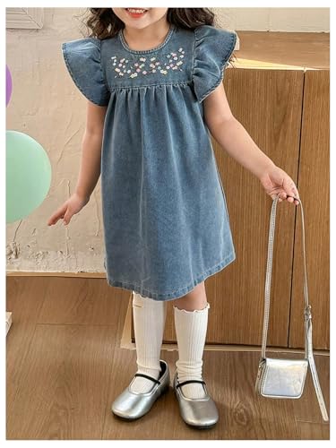 WDIRARA Toddler Girls Cute Floral Embroidery Ruffle Cap Sleeve Denim Short Dresses4