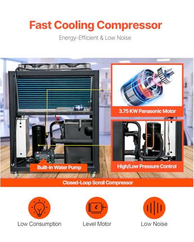 Image of VEVOR Air Cooled Water Chiller, 5 Ton Portable, 5HP /3.75KW Compressor Motor, 53L Capacity Stainless Steel Water Tank, Finned Condenser with Micro-Computer Control, Industrial Chiller for Cooling Water