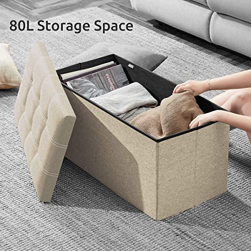 Image of Storage Bench Folding Ottoman Foot Rest Stool, 30 inch Grey Linen Footstool, Short Ottoman Bench, Foot Rest Store as Books, and Blanket Storage or Others