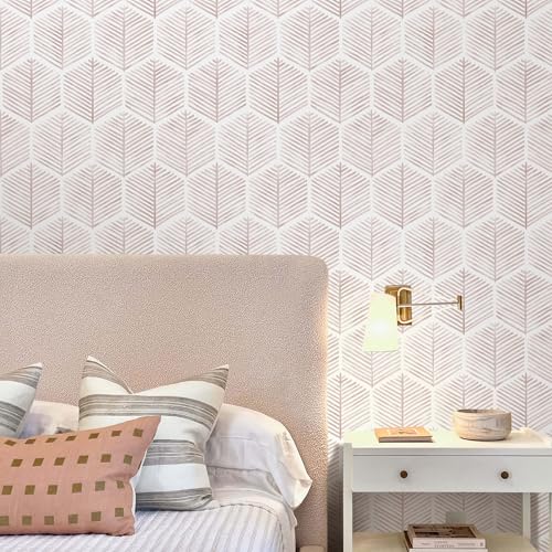 Image of MelunMer Modern Peel and Stick Wallpaper Boho Contact Paper 17.3''x787'' | Pink and White Self Adhesive Removable Wallpaper for Bedroom /Bathroom Waterproof Geometric Contact Paper for Cabinets, Drawer