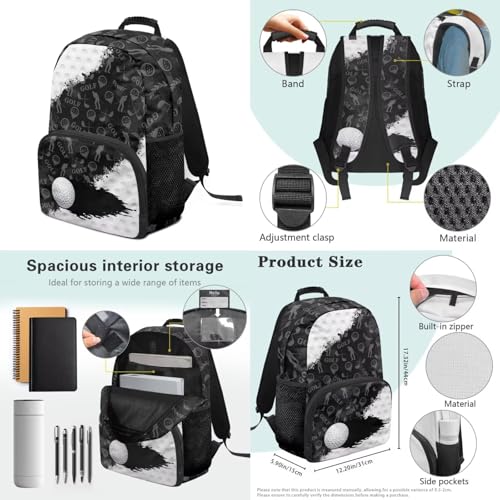 Golf Printed School Backpack and Lunch Box Set with Water Bottle Holder Pencil Case Lightweight Backpack Set for Preschool Middle School, Black3