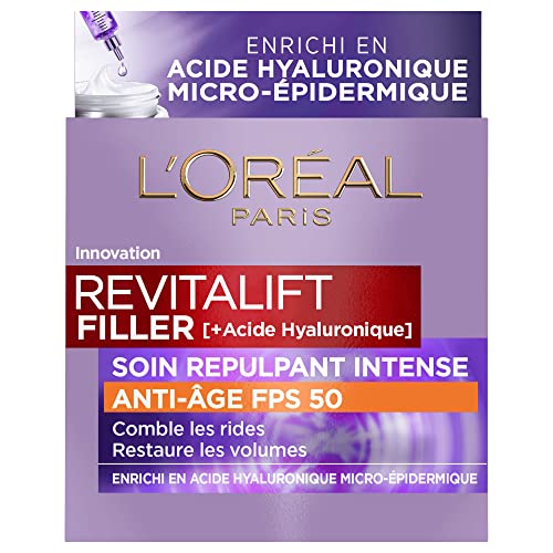 L'Oréal Paris – Tratamiento repelente intenso antienvejecimiento FPS 50 – Crema de día con ácido hialurónico con protección UV – Arrugas y arrugas – Para todo tipo de pieles – Revitalift Filler – 50