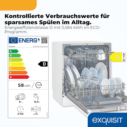 Exquisit Mini-Geschirrspüler, Tischspülmaschine, 55 cm breit, spülmaschine klein, ECO-Modus, GSP5508-030D weiss