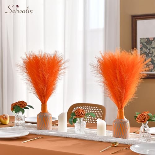 Serwalin Faux Orange Pampas Grass 6Pcs, 17.7" Pampas Grass Stems Fall Vibe Home Decor, Artificial Flower Pampas Grass Bobo Home Kitchen Table Centerpieces, Pampas DIY Floral Arrangements - Image 4